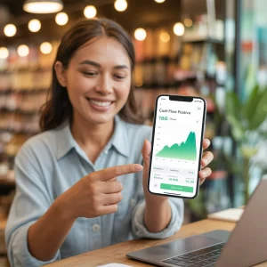 Pemilik UMKM mengelola manajemen arus kas menggunakan aplikasi digital.